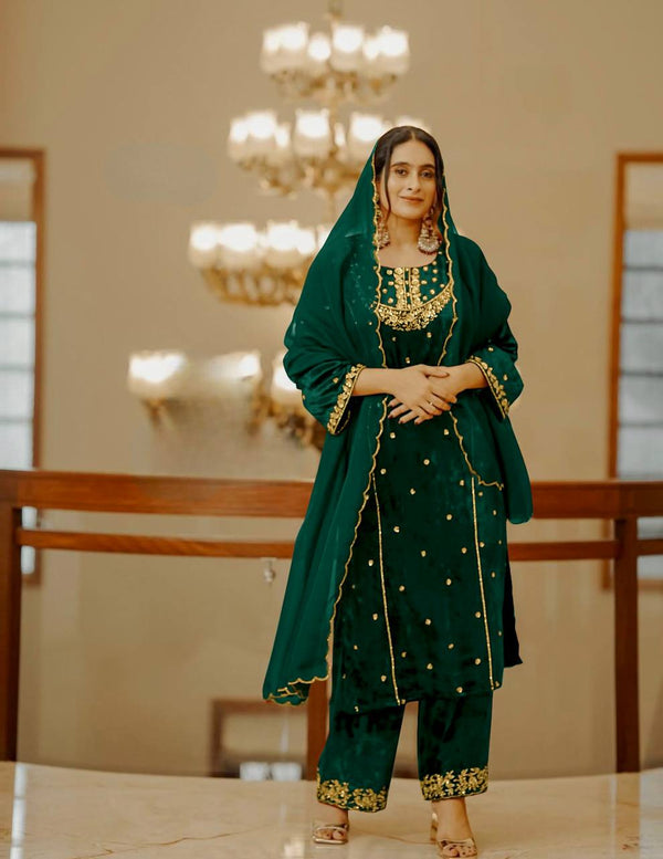 Green Heavy Pure Viscose Velvet Top with Plazzo & Dupatta Set - 5 mm Sequence Work and Fancy Sleeve ClothsVilla