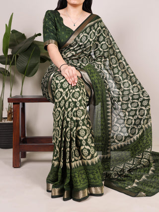 Green Ikkat Print Zari Border Saree ClothsVilla