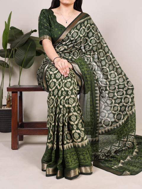 Green Ikkat Print Zari Border Saree ClothsVilla Main image