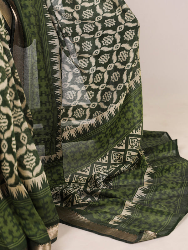 Green Ikkat Print Zari Border Saree ClothsVilla