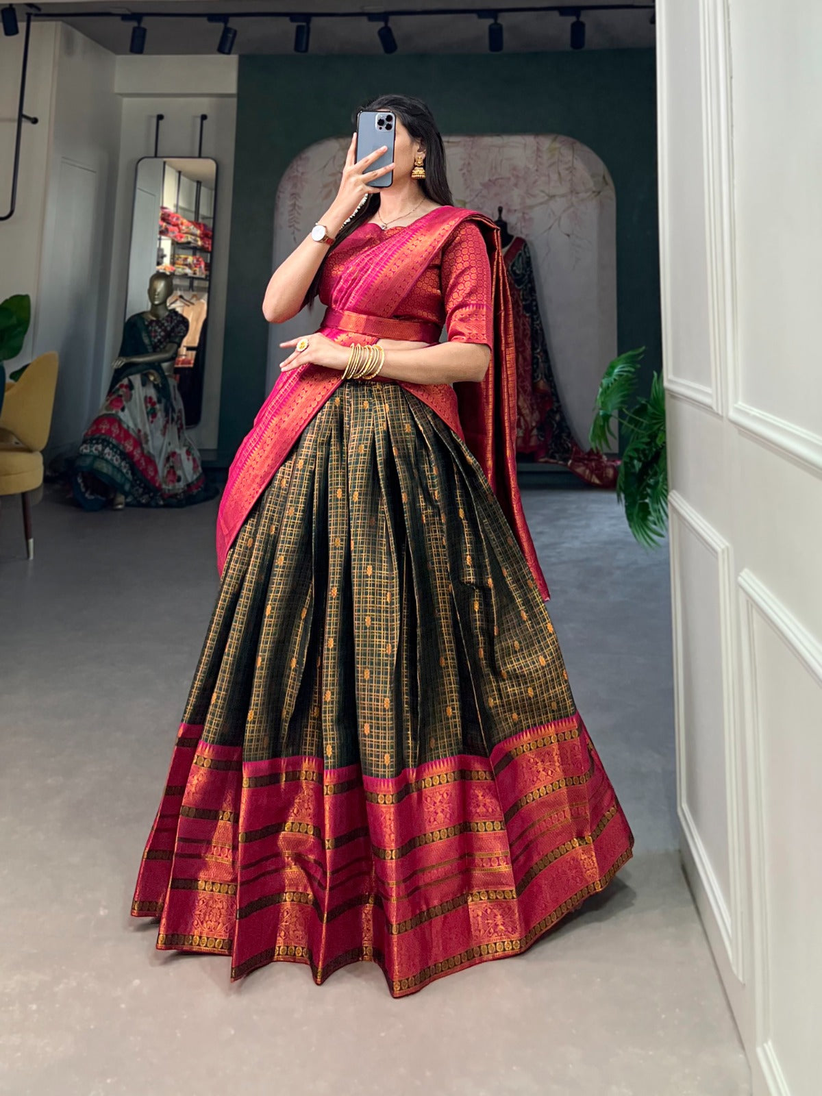 Green Jacquard Silk Lehenga Choli with Zari Weaving Work ClothsVilla