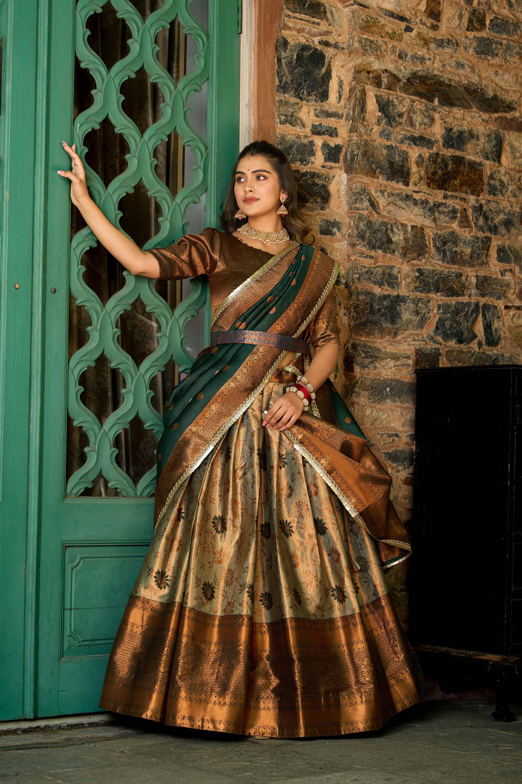 Green Jacquard Silk Lehenga Choli Set with Zari Work ClothsVilla