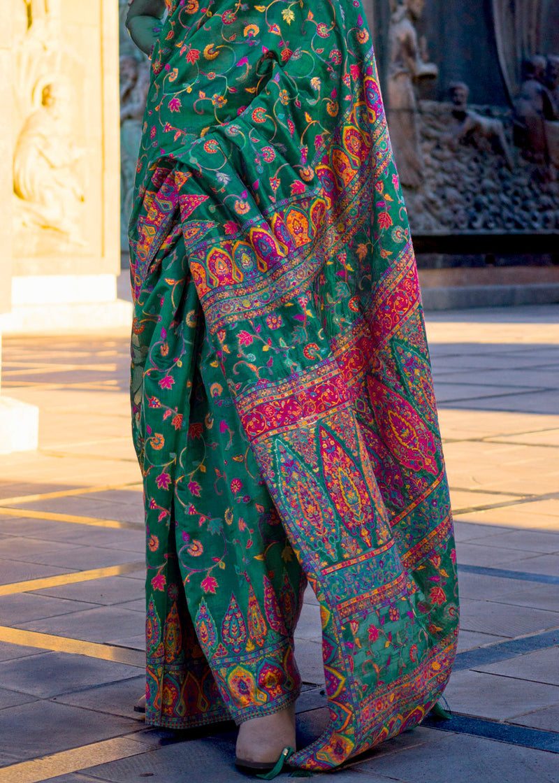 Green Jamawar Woven Organza Silk Saree – Traditional Elegance with Blouse Piece ClothsVilla