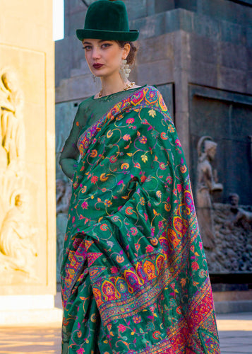 Green Jamawar Woven Organza Silk Saree – Traditional Elegance with Blouse Piece ClothsVilla