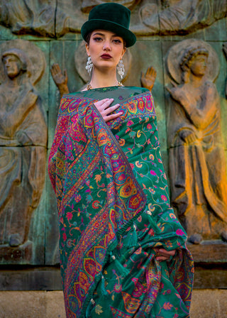 Green Jamawar Woven Organza Silk Saree – Traditional Elegance with Blouse Piece ClothsVilla