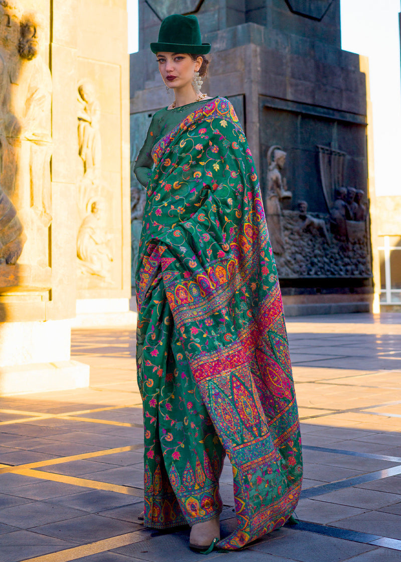 Green Jamawar Woven Organza Silk Saree – Traditional Elegance with Blouse Piece ClothsVilla