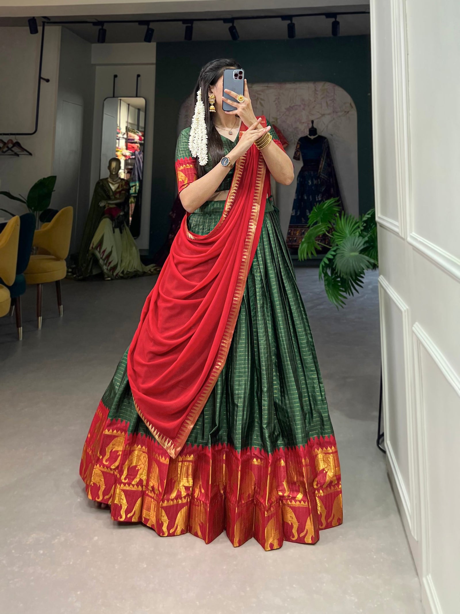 Green Kalyani Cotton Lehenga Choli Set with Flowy Georgette Dupatta for Timeless Elegance ClothsVilla