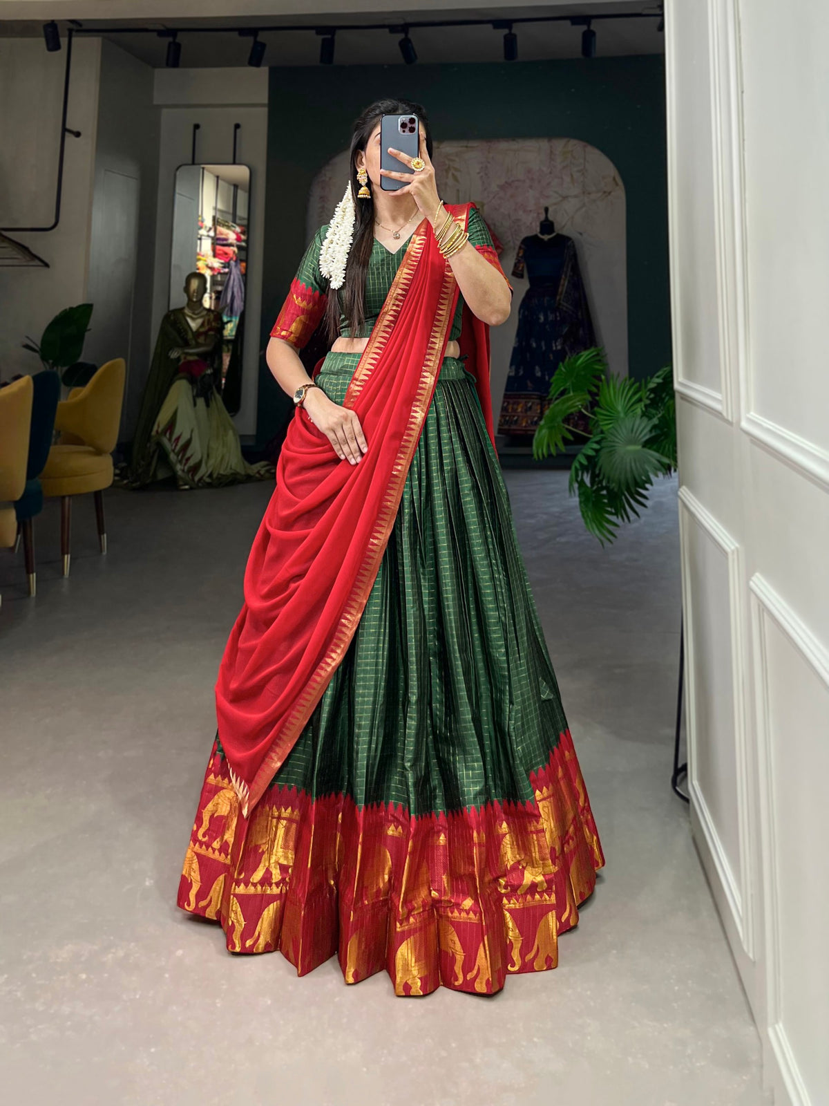 Green Kalyani Cotton Lehenga Choli Set with Flowy Georgette Dupatta for Timeless Elegance ClothsVilla Main image