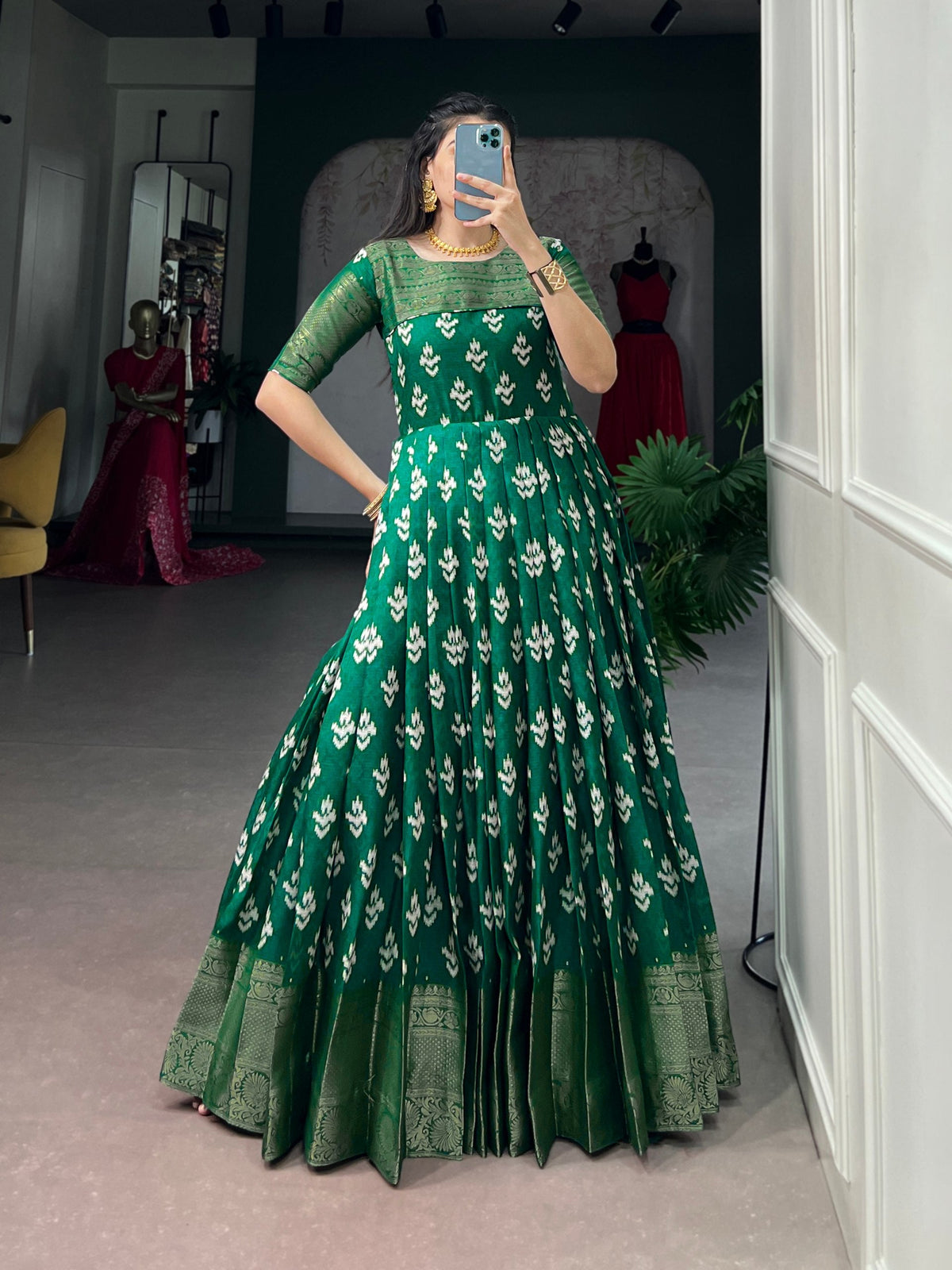 Green Kota Chex Zari Dress ClothsVilla
