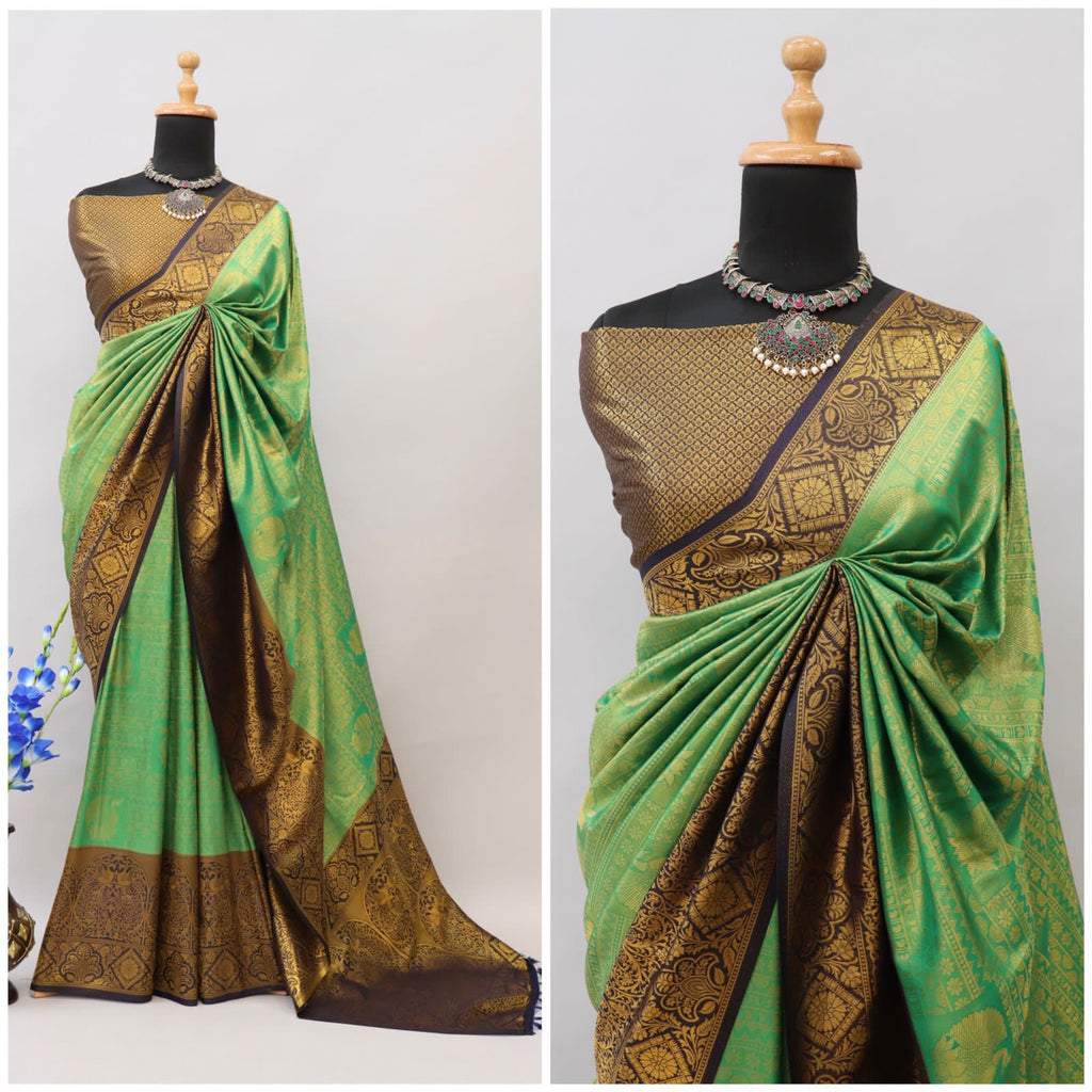 Green Kuber Soft Silk Saree with Exquisite Golden Jari Work & Matching Blouse ClothsVilla