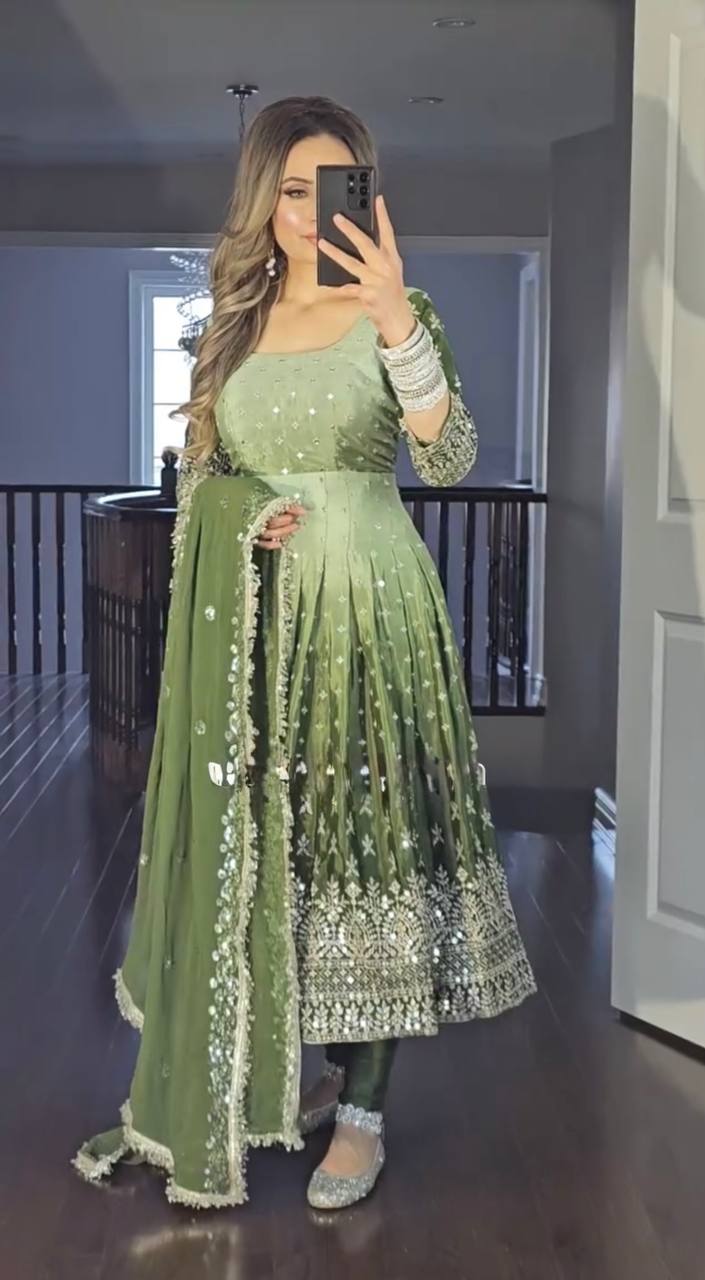 Green legant Dual-Tone Chinon Silk Anarkali Gown Set – Embroidered Party Wear Main image