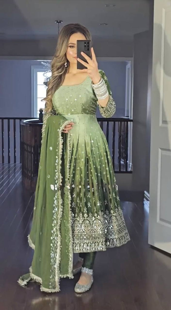 Green legant Dual-Tone Chinon Silk Anarkali Gown Set Embro Green legant Dual-Tone Chinon Silk Anarkali Gown Set Embro