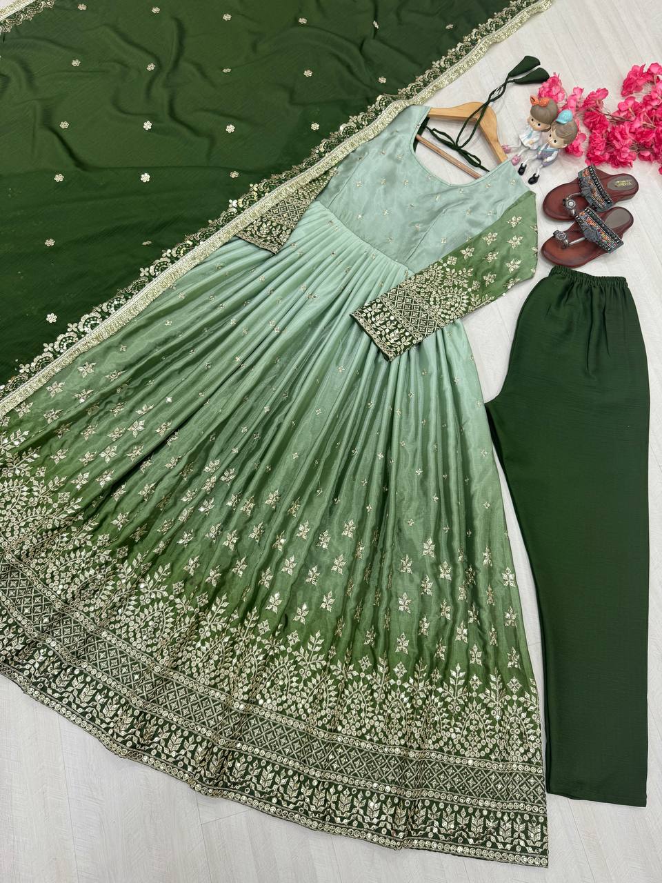 Green legant Dual-Tone Chinon Silk Anarkali Gown Set – Embroidered Party Wear
