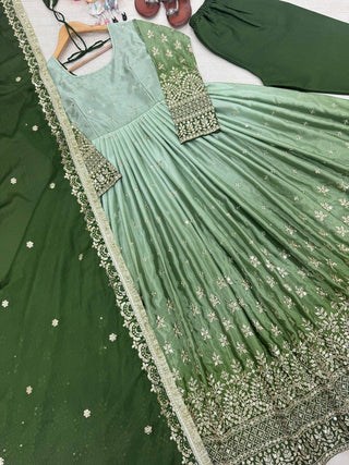 Green legant Dual-Tone Chinon Silk Anarkali Gown Set – Embroidered Party Wear