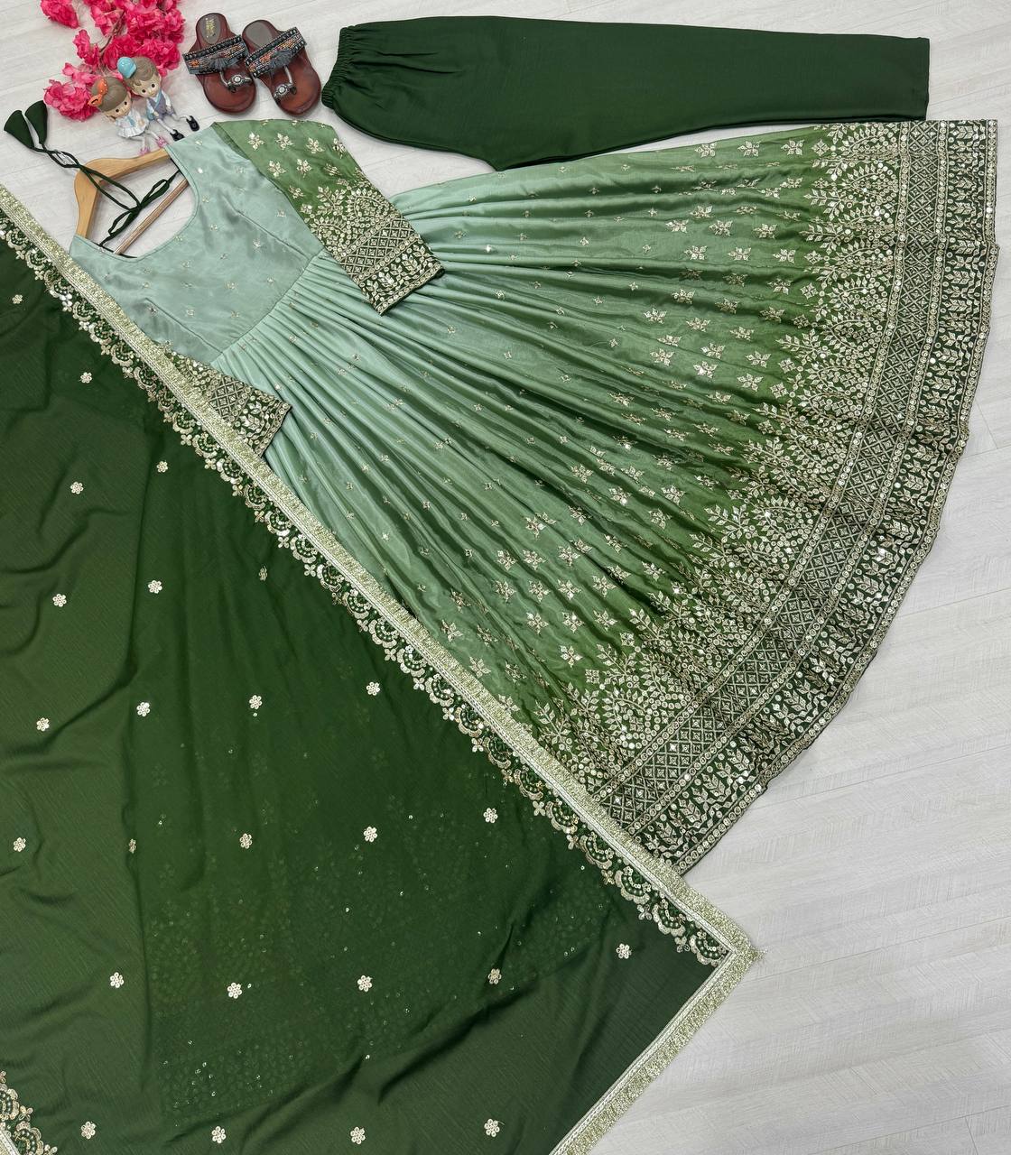 Green legant Dual-Tone Chinon Silk Anarkali Gown Set – Embroidered Party Wear