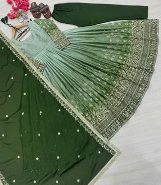 Green legant Dual-Tone Chinon Silk Anarkali Gown Set – Embroidered Party Wear