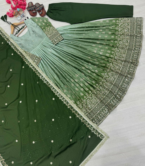 Green legant Dual-Tone Chinon Silk Anarkali Gown Set – Embroidered Party Wear