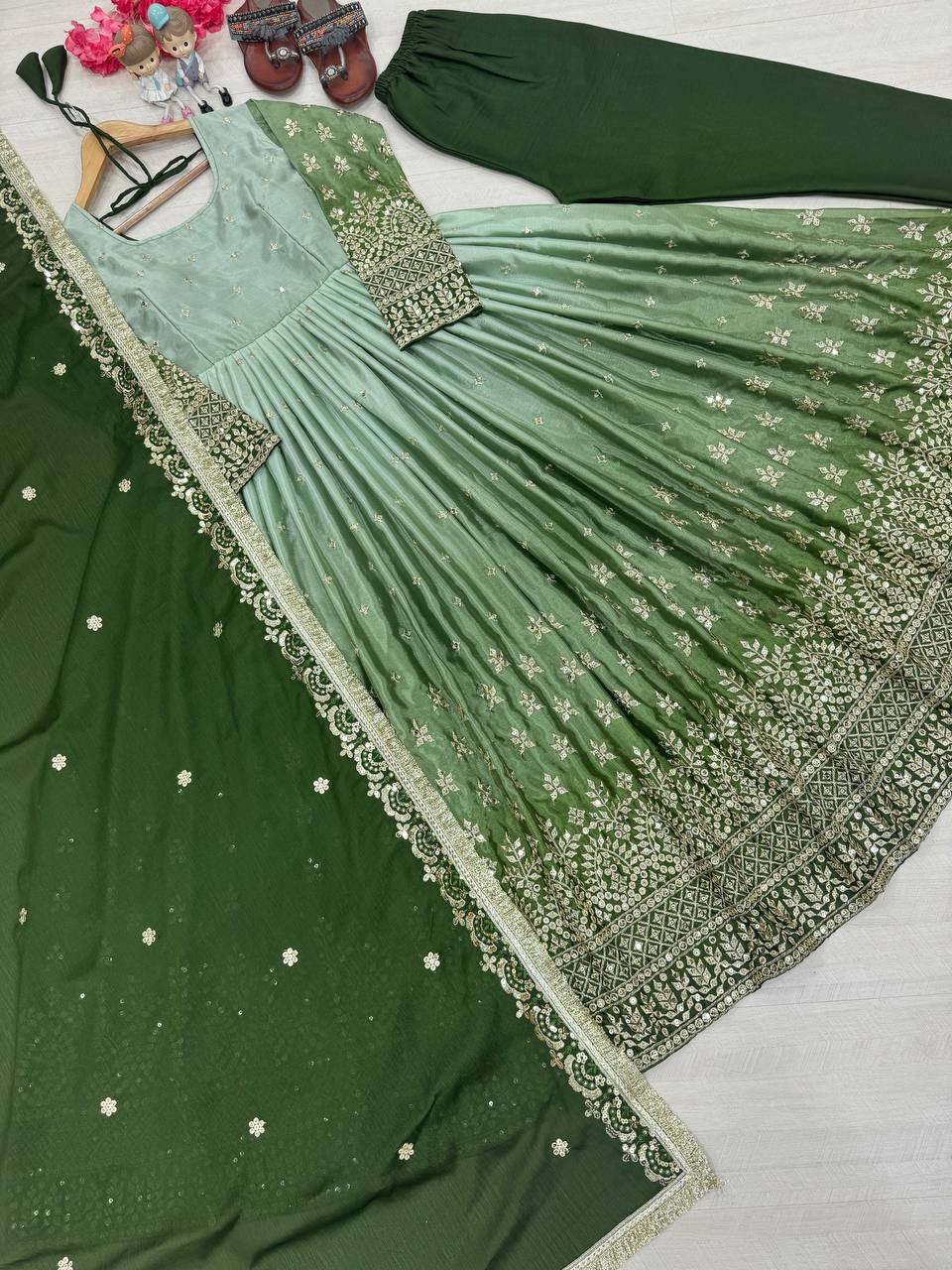 Green legant Dual-Tone Chinon Silk Anarkali Gown Set – Embroidered Party Wear