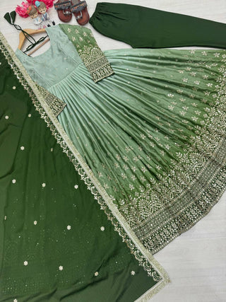 Green legant Dual-Tone Chinon Silk Anarkali Gown Set – Embroidered Party Wear