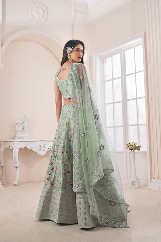 Designer Green Lehenga Choli with Multicolor Thread Embroidery ClothsVilla