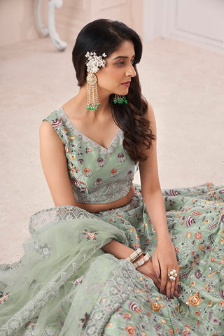 Designer Green Lehenga Choli with Multicolor Thread Embroidery ClothsVilla