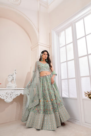 Designer Green Lehenga Choli with Multicolor Thread Embroidery ClothsVilla
