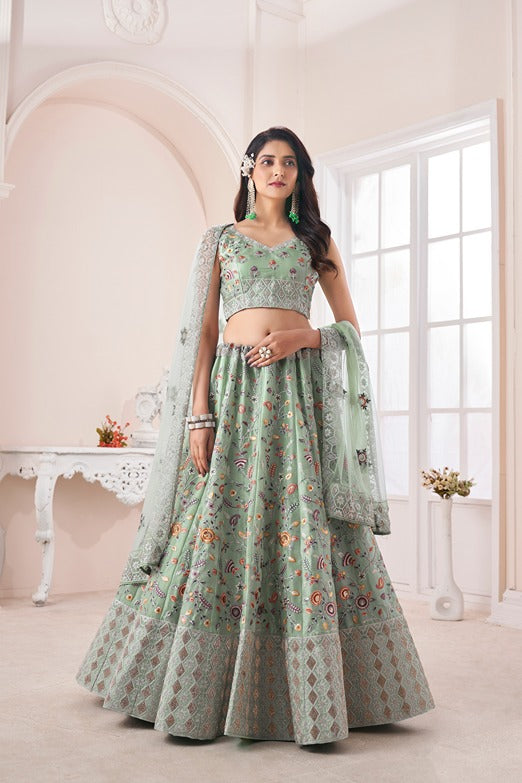 Designer Green Lehenga Choli with Multicolor Thread Embroidery ClothsVilla