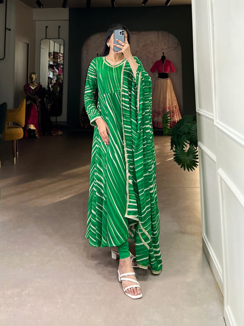 Green Leheriya Georgette Gown with Dupatta – Festive Elegance with Lace Touch-Up Main image