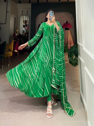 Green Leheriya Georgette Gown with Dupatta – Festive Elegance with Lace Touch-Up