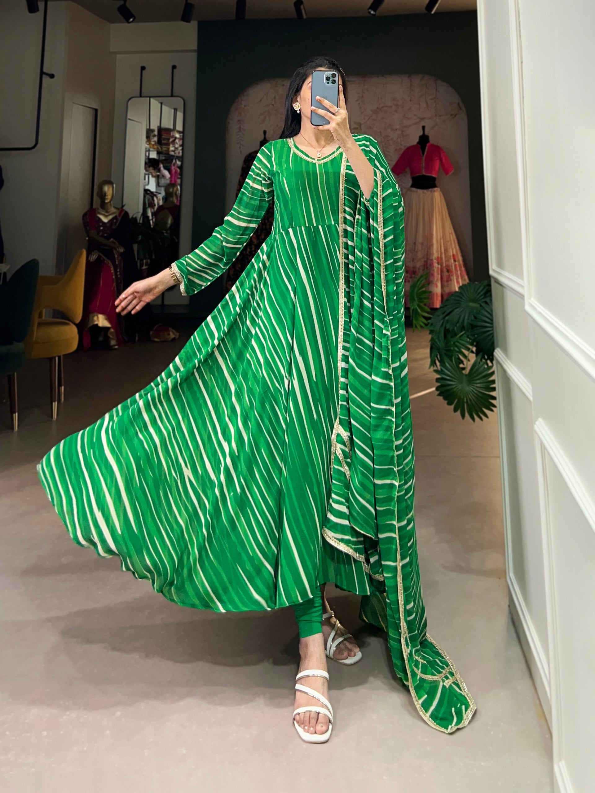 Green Leheriya Georgette Gown with Dupatta – Festive Elegance with Lace Touch-Up