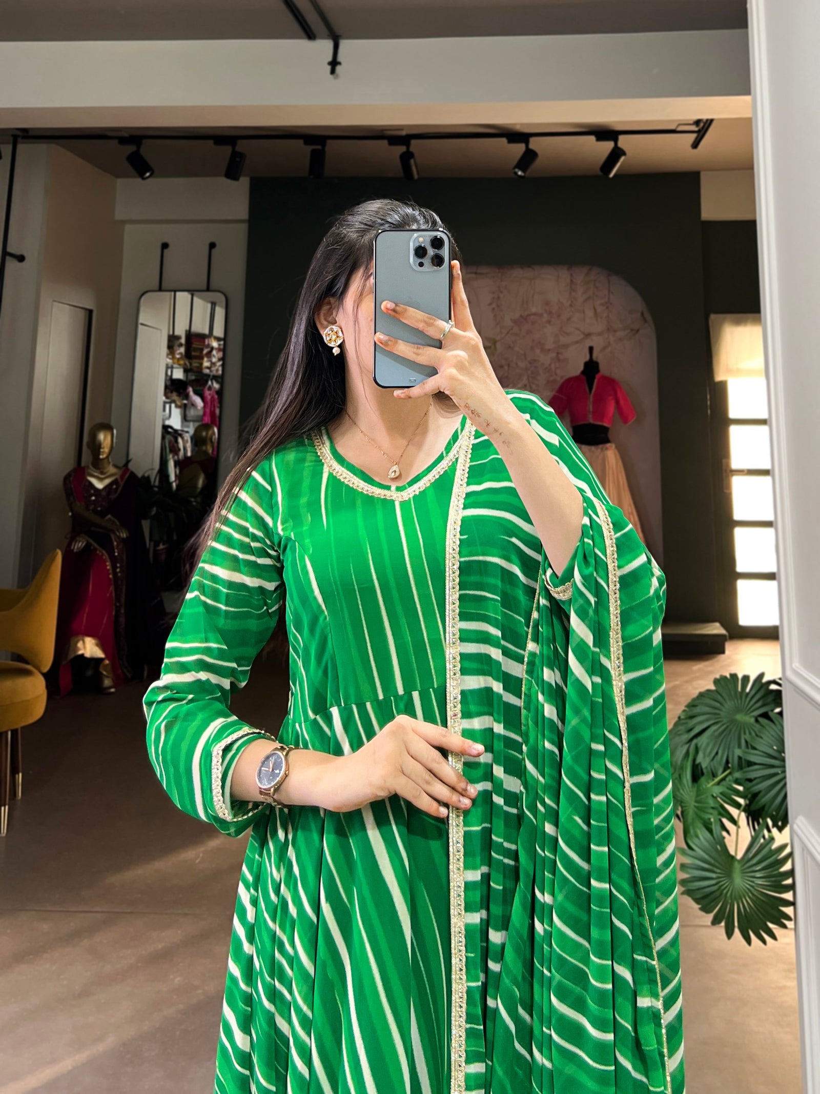 Green Leheriya Georgette Gown with Dupatta – Festive Elegance with Lace Touch-Up
