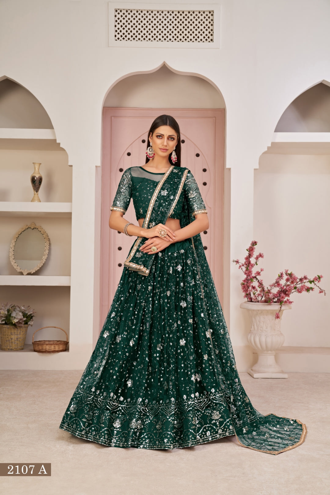 Green Luxurious Butterfly Net Lehenga with All-Over Embroidery Clothsvilla Main image