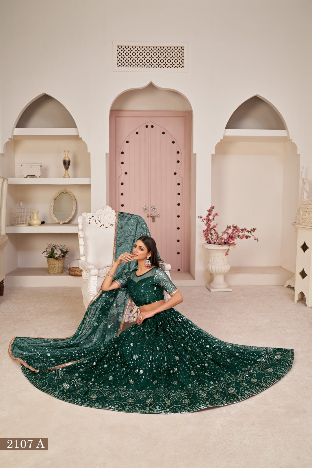 Green Luxurious Butterfly Net Lehenga with All-Over Embroidery Secondary image