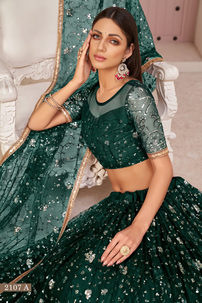 Green Luxurious Butterfly Net Lehenga with All-Over Embroidery Clothsvilla