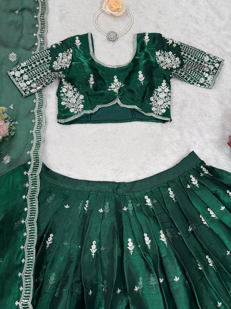 Green Luxurious Jimi Choo Semi-Stitched Lehenga Choli Set Clothsvilla