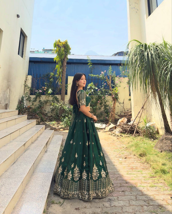 Green Luxurious Jimi Choo Semi-Stitched Lehenga Choli Set Clothsvilla