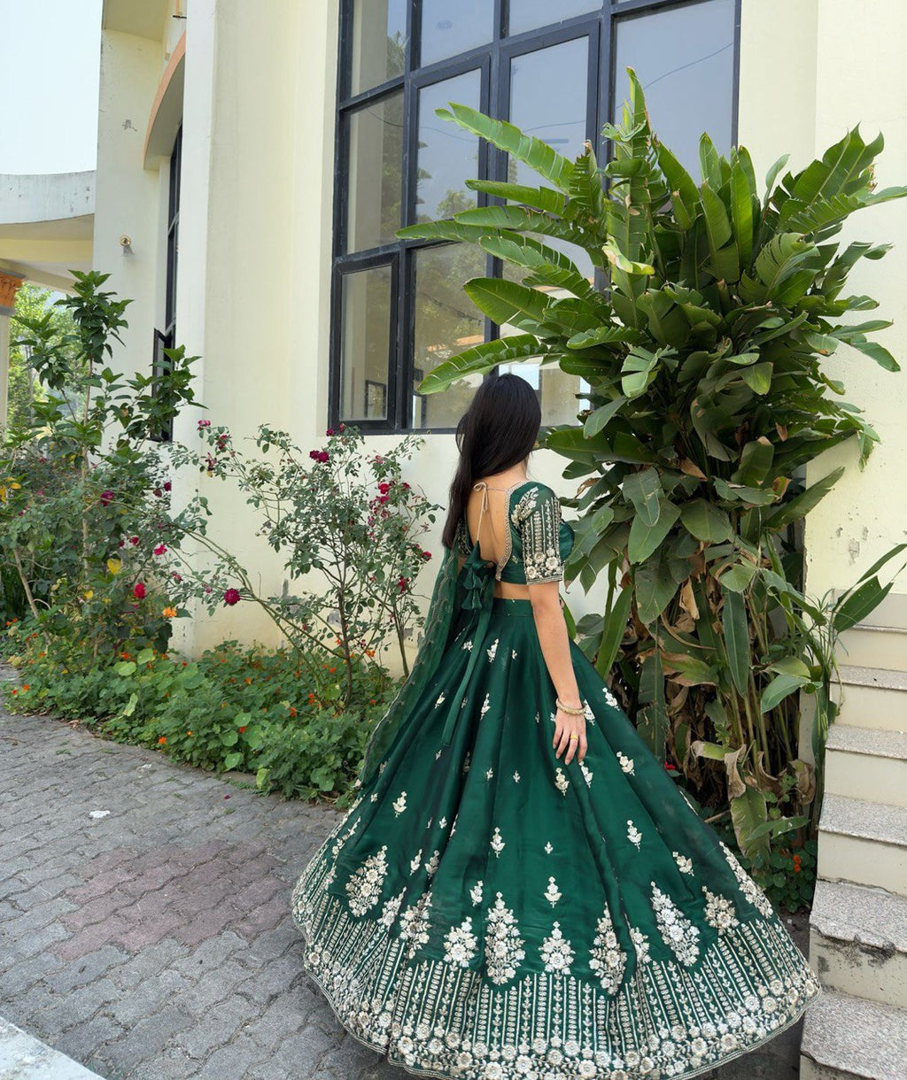 Green Luxurious Jimi Choo Semi-Stitched Lehenga Choli Set Clothsvilla
