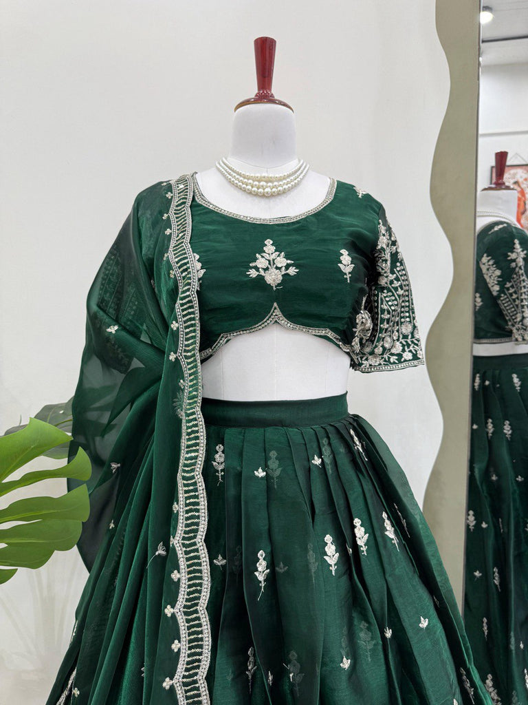 Green Luxurious Jimi Choo Semi-Stitched Lehenga Choli Set Clothsvilla