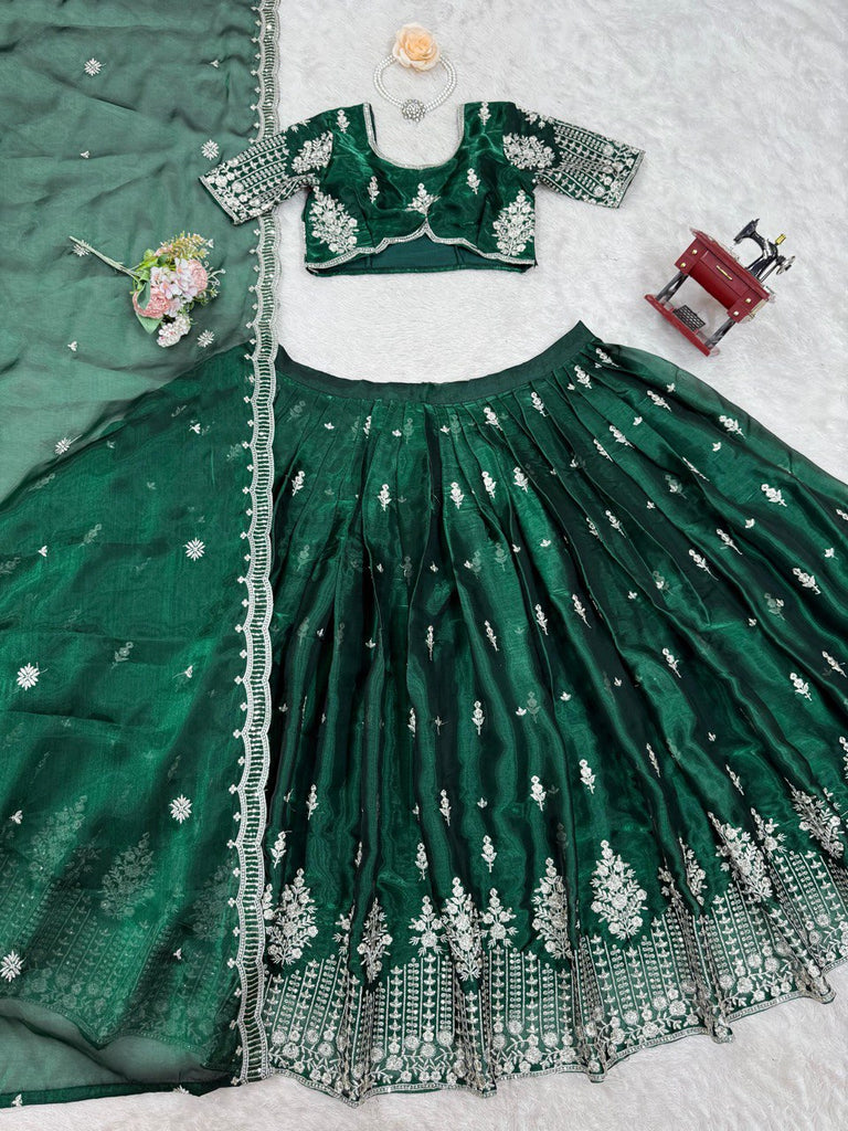 Green Luxurious Jimi Choo Semi-Stitched Lehenga Choli Set Clothsvilla