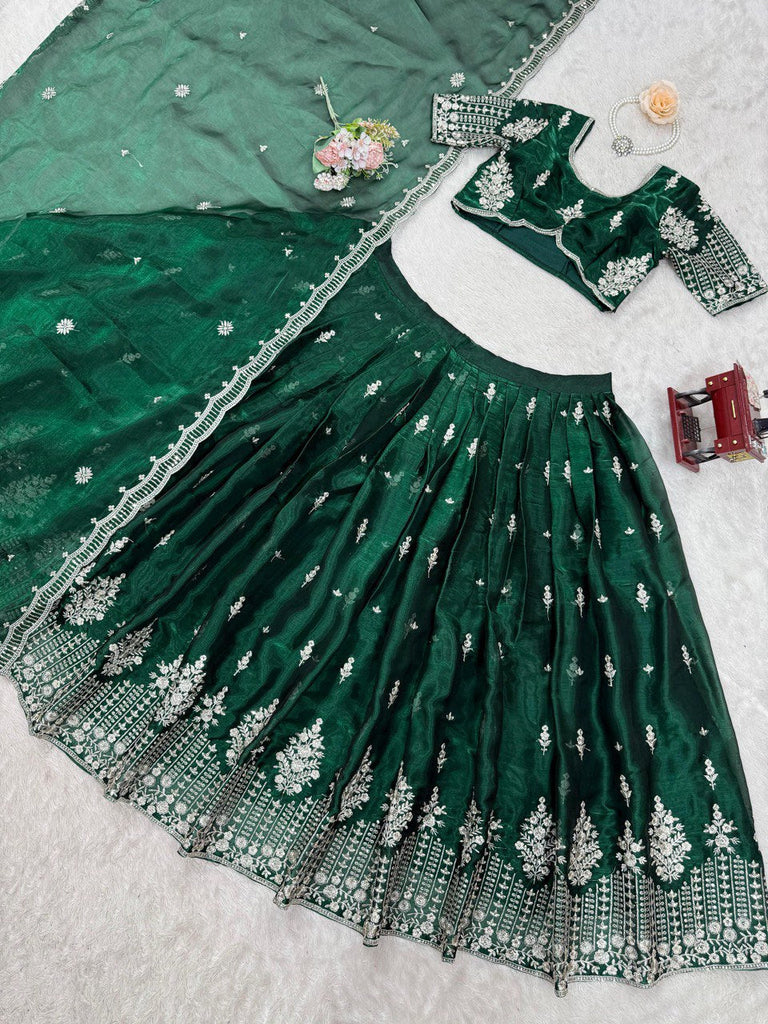 Green Luxurious Jimi Choo Semi-Stitched Lehenga Choli Set Clothsvilla