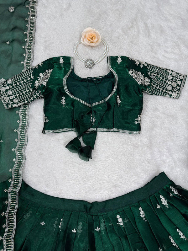 Green Luxurious Jimi Choo Semi-Stitched Lehenga Choli Set Clothsvilla