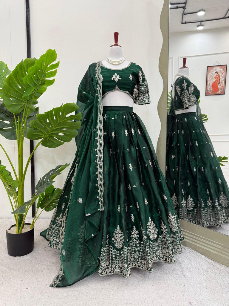 Green Luxurious Jimi Choo Semi-Stitched Lehenga Choli Set Clothsvilla