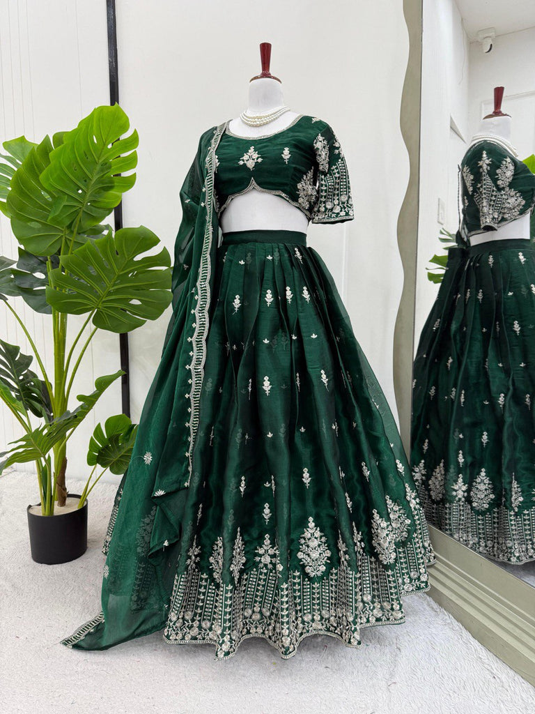 Green Luxurious Jimi Choo Semi-Stitched Lehenga Choli Set Clothsvilla