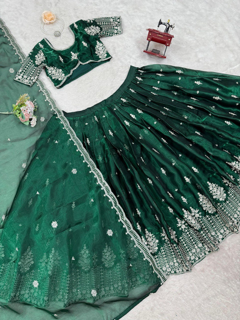 Green Luxurious Jimi Choo Semi-Stitched Lehenga Choli Set Clothsvilla
