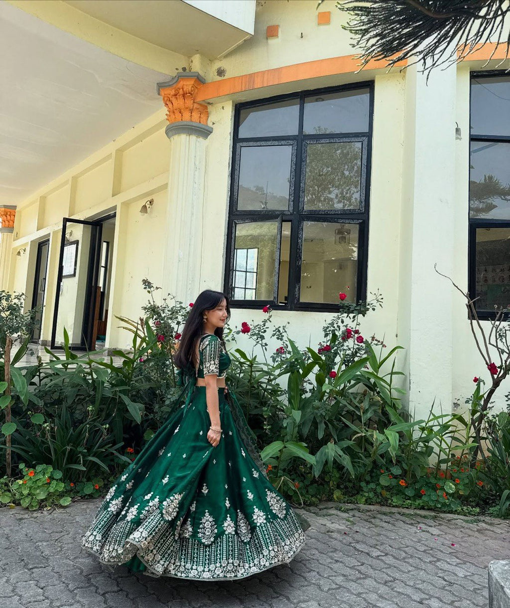 Green Luxurious Jimi Choo Semi-Stitched Lehenga Choli Set Clothsvilla