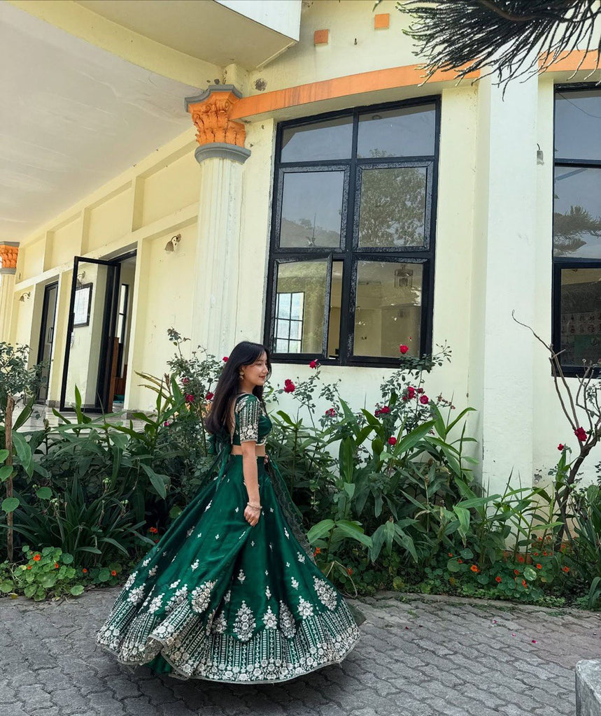 Green Luxurious Jimi Choo Semi-Stitched Lehenga Choli Set Clothsvilla