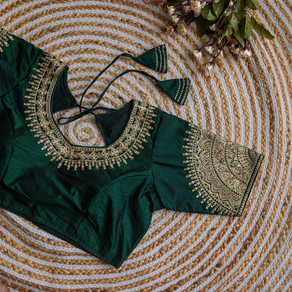 Green Luxurious Lucknowi Silk Blouse with Golden Embroidery and Sequins ClothsVilla