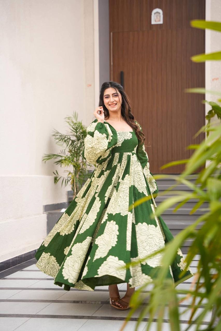 Green Luxury Maslin Digital Print Gown Suit with Micro Cotton Pants ClothsVilla