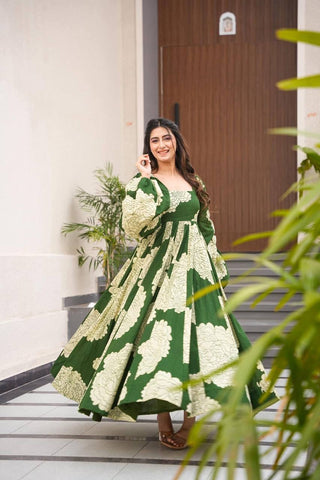 Green Luxury Maslin Digital Print Gown Suit with Micro Cotton Pants ClothsVilla