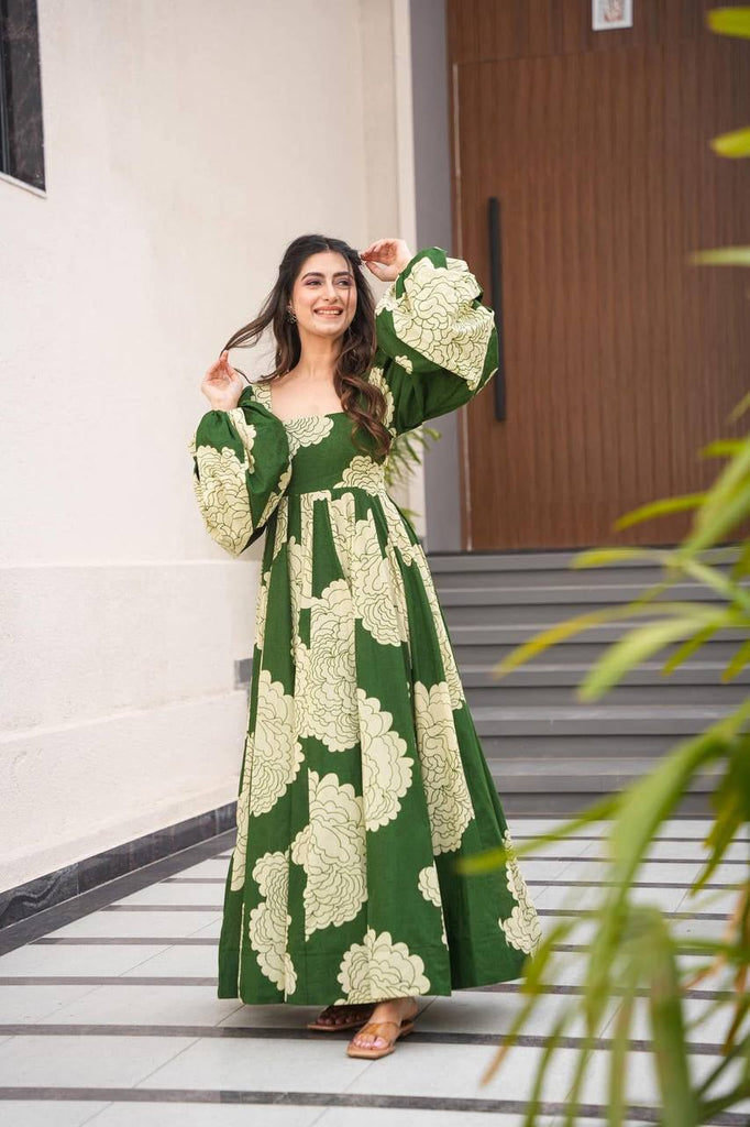 Green Luxury Maslin Digital Print Gown Suit with Micro Cotton Pants ClothsVilla